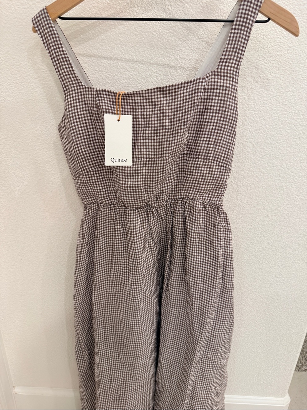Quince Brown Gingham Midi Dress with Square Neck